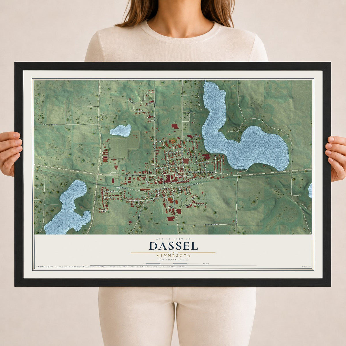 Map of Dassel, Minnesota, 18 x 24 inch print in a black wood frame