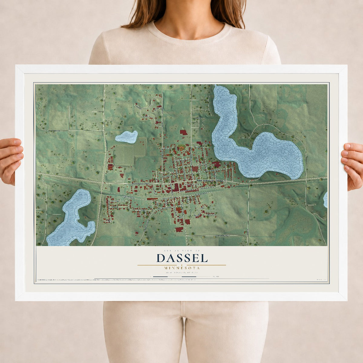 Map of Dassel, Minnesota, 18 x 24 inch print in a white wood frame
