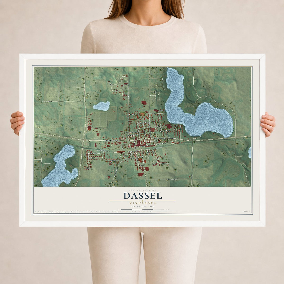 Map of Dassel, Minnesota, 24 x 36 inch print in a white wood frame