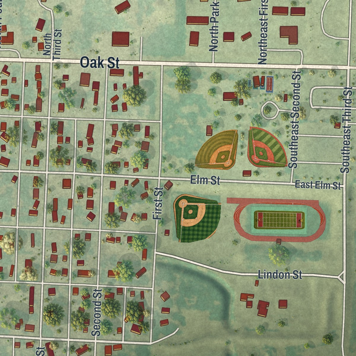 Second close-up of the map of Dawson, Minnesota print showing more streets and buildings