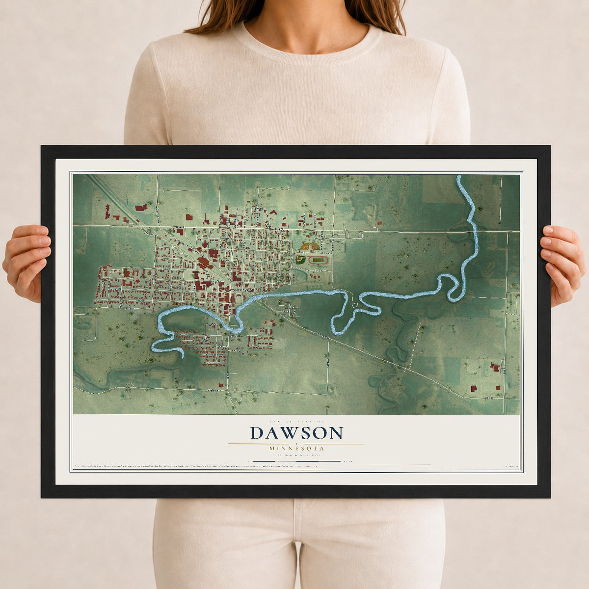 Map of Dawson, Minnesota, 12 x 18 inch print in a black wood frame