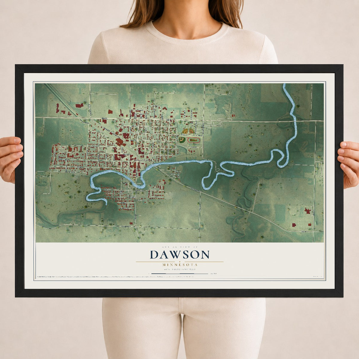 Map of Dawson, Minnesota, 18 x 24 inch print in a black wood frame