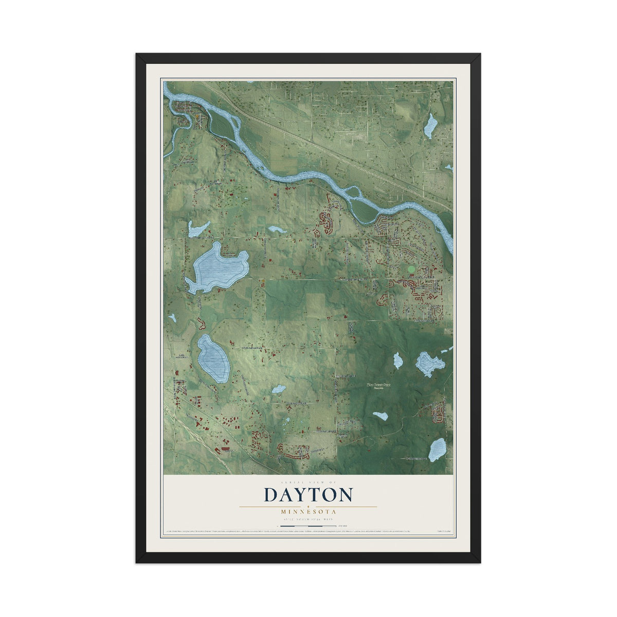 Map of Dayton, Minnesota, 12 x 18 inch print in a black wood frame