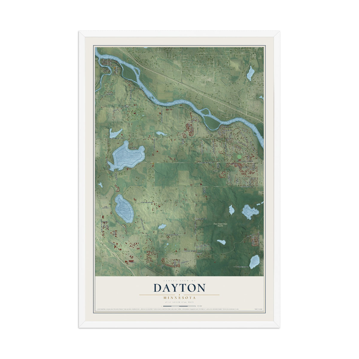 Map of Dayton, Minnesota, 12 x 18 inch print in a white wood frame