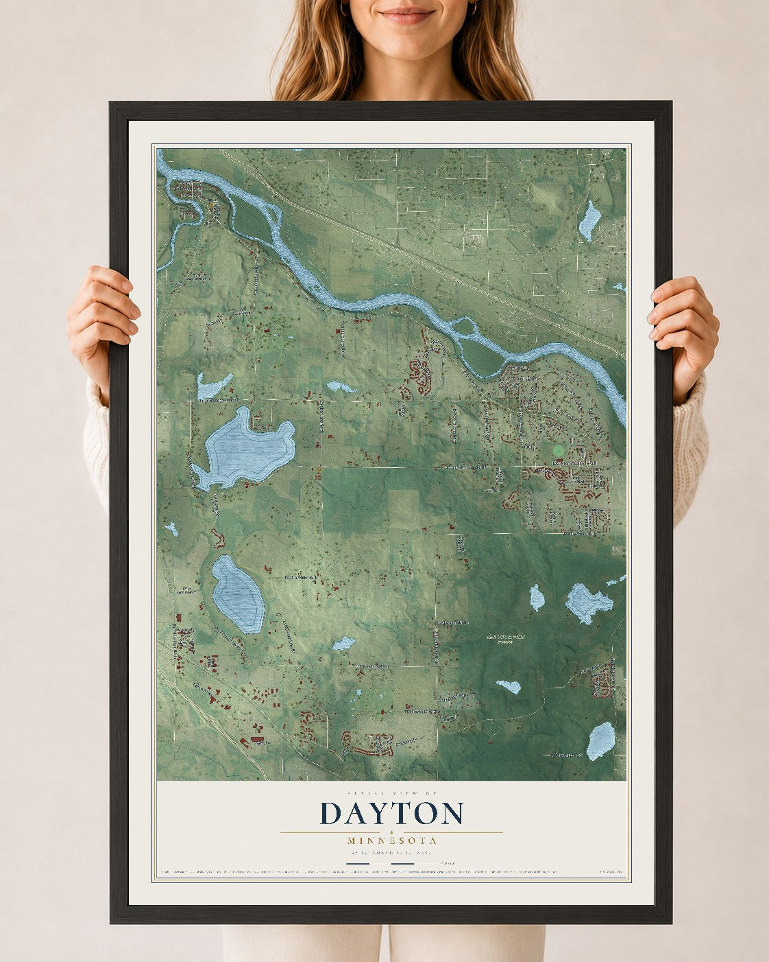 Map of Dayton, Minnesota, 24 x 36 inch print in a black wood frame