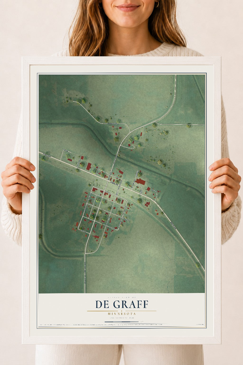 Map of De Graff, Minnesota, 18 x 24 inch print in a white wood frame