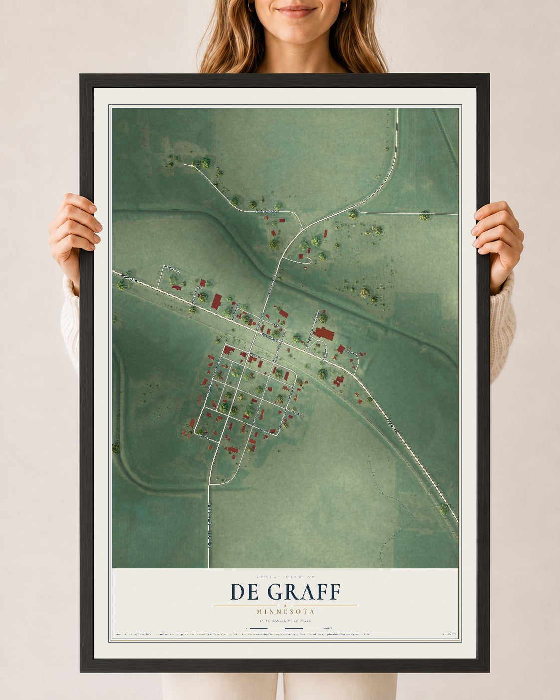 Map of De Graff, Minnesota, 24 x 36 inch print in a black wood frame