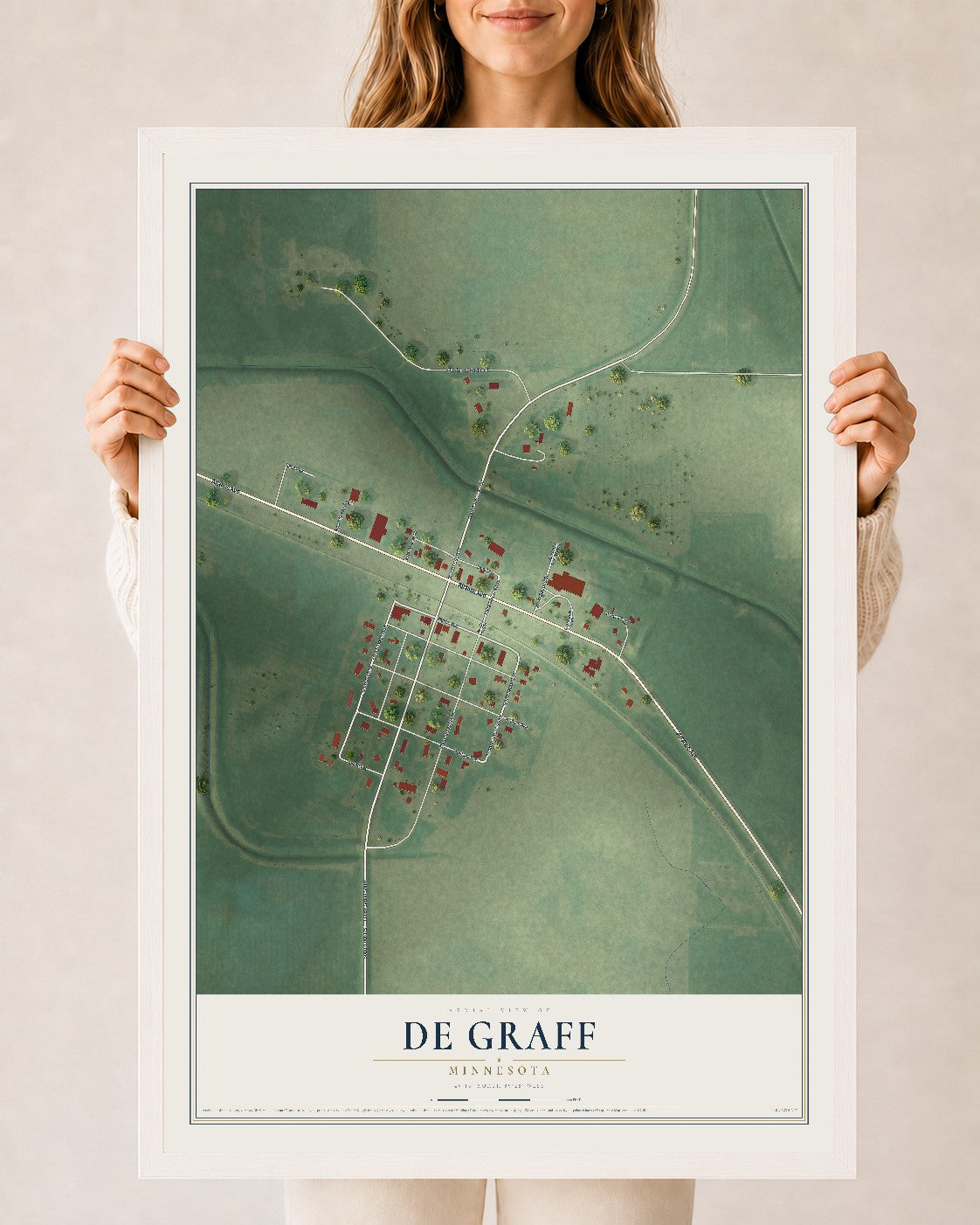 Map of De Graff, Minnesota, 24 x 36 inch print in a white wood frame