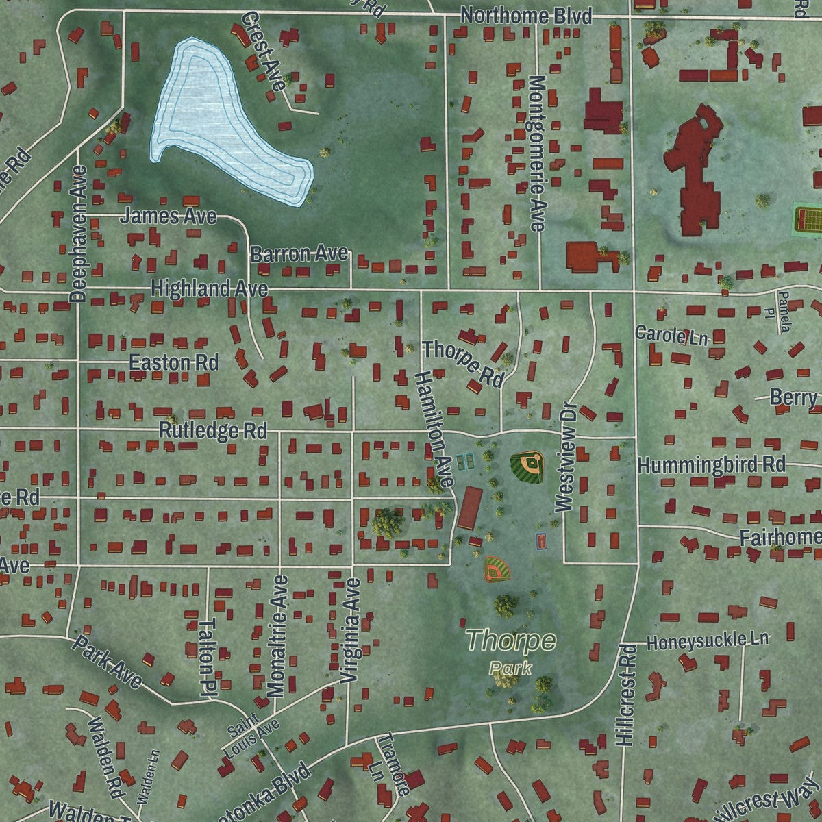 Close-up of the map of Deephaven, Minnesota print showing street and building detail
