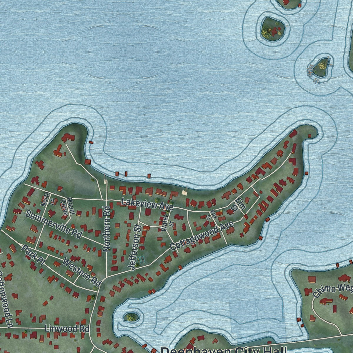 Second close-up of the map of Deephaven, Minnesota print showing more streets and buildings