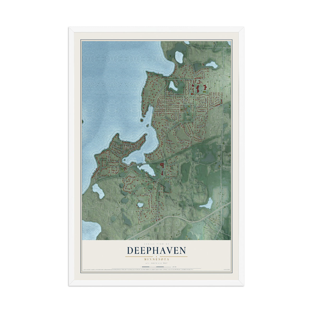 Map of Deephaven, Minnesota, 12 x 18 inch print in a white wood frame