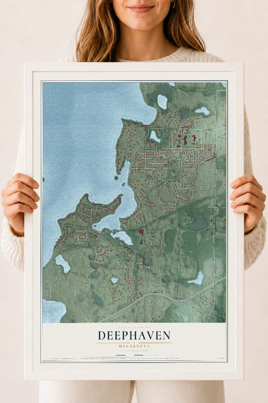 Map of Deephaven, Minnesota, 18 x 24 inch print in a white wood frame