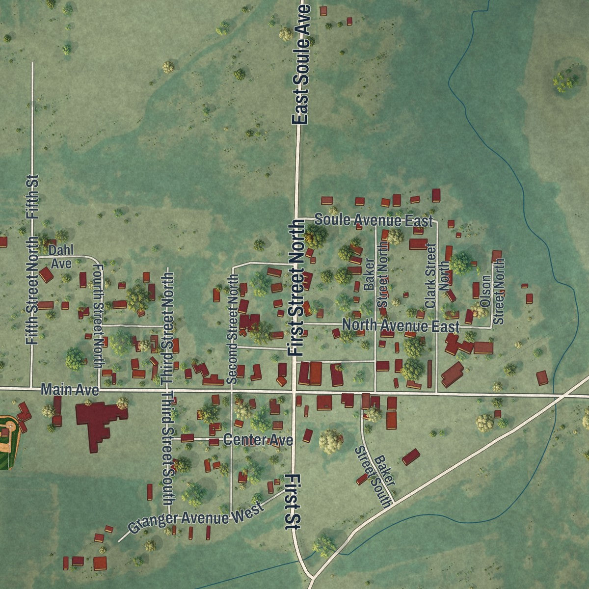 Close-up of the map of Deer Creek, Minnesota print showing street and building detail