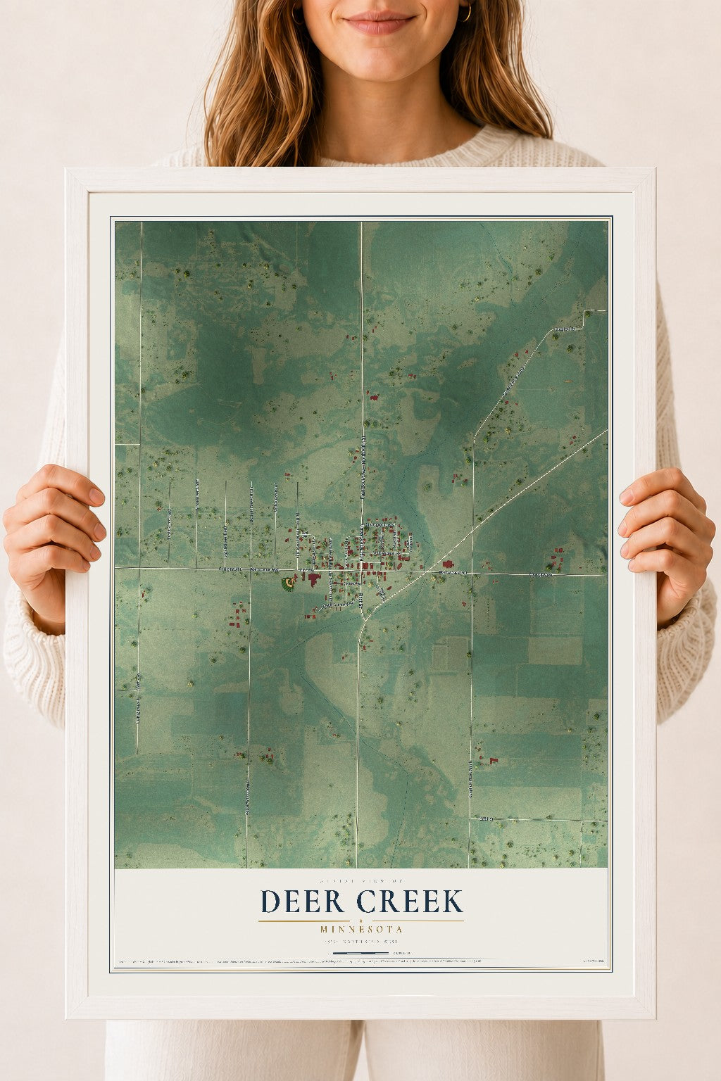 Map of Deer Creek, Minnesota, 18 x 24 inch print in a white wood frame