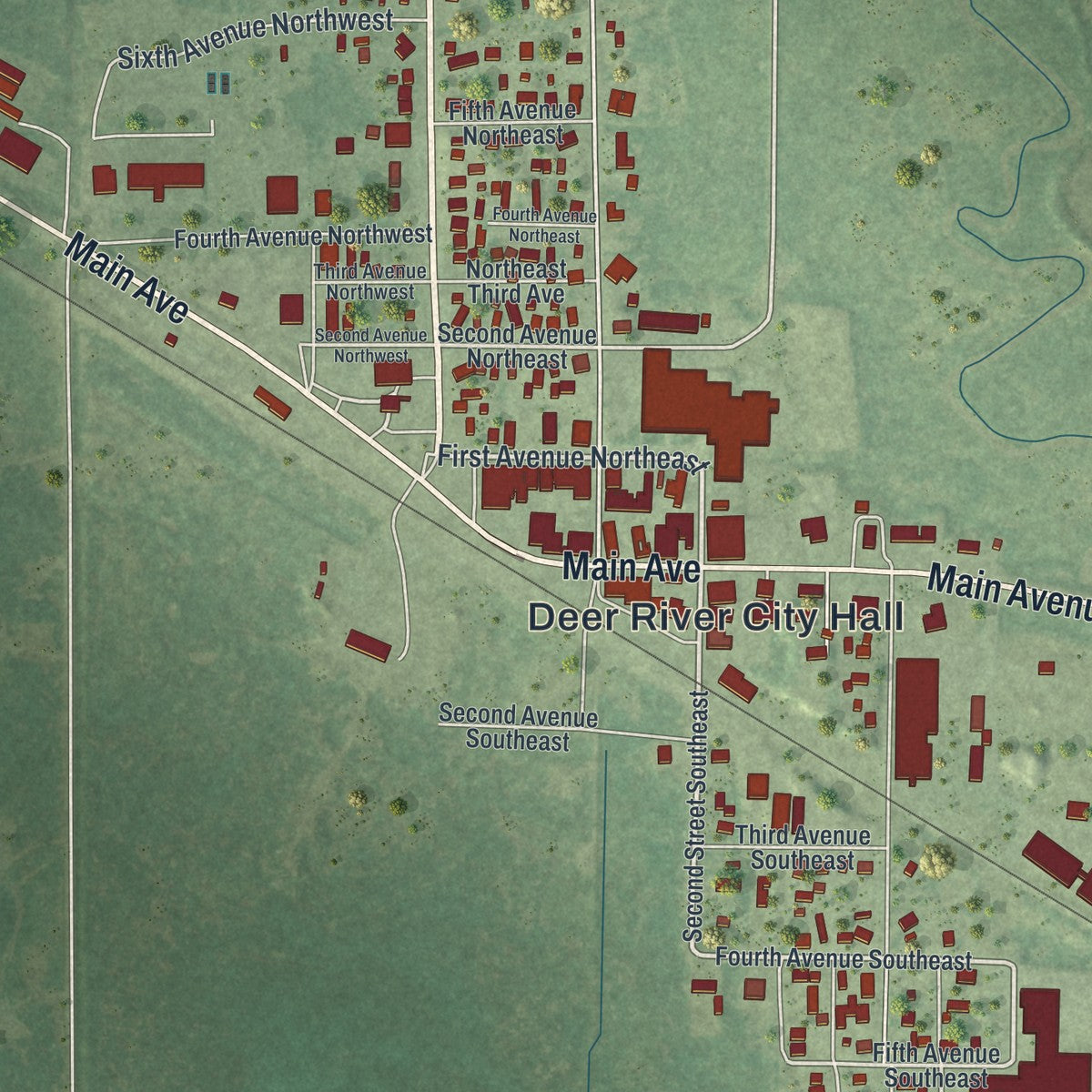 Close-up of the map of Deer River, Minnesota print showing street and building detail