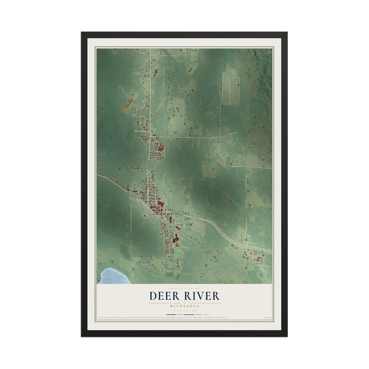 Map of Deer River, Minnesota, 12 x 18 inch print in a black wood frame
