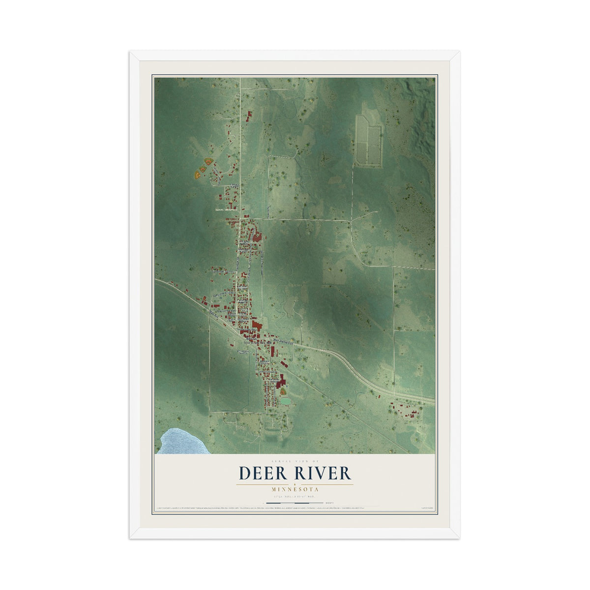 Map of Deer River, Minnesota, 12 x 18 inch print in a white wood frame