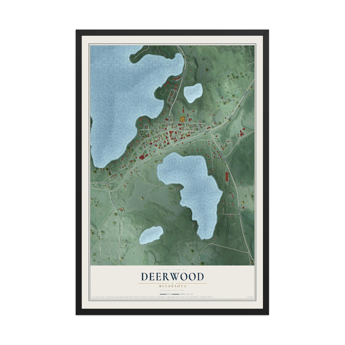 Map of Deerwood, Minnesota, 12 x 18 inch print in a black wood frame