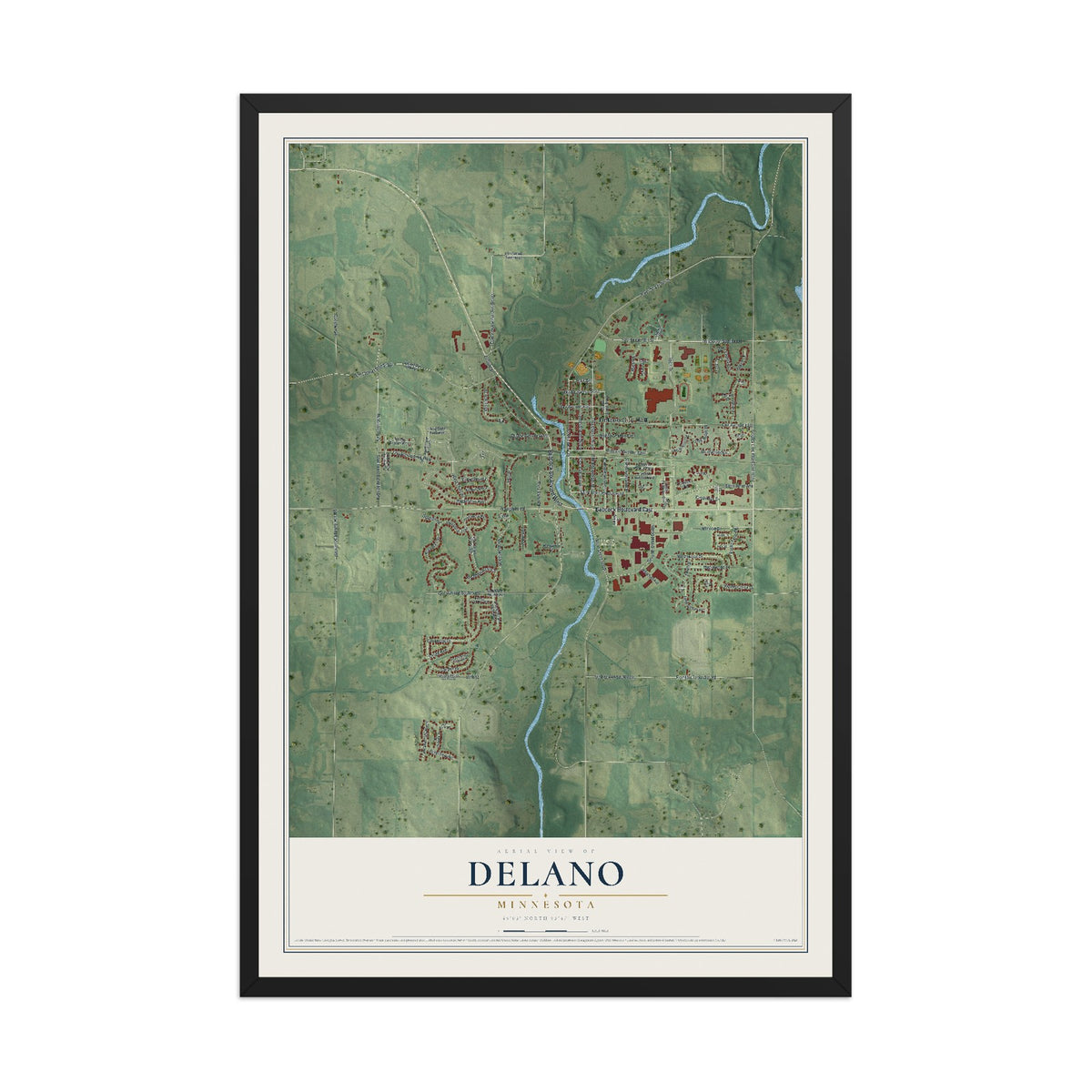 Map of Delano, Minnesota, 12 x 18 inch print in a black wood frame
