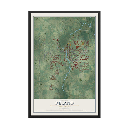 Map of Delano, Minnesota, 12 x 18 inch print in a black wood frame
