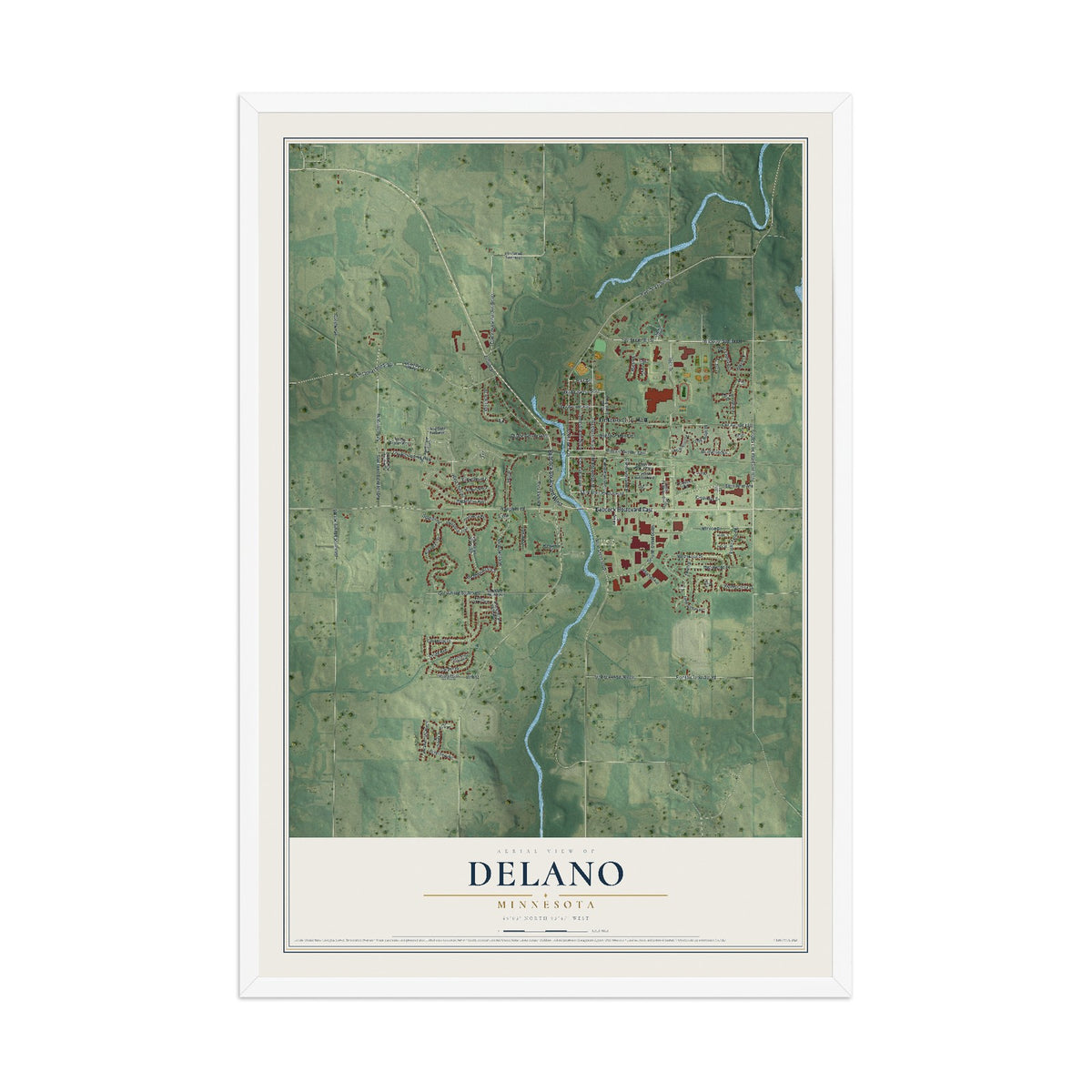 Map of Delano, Minnesota, 12 x 18 inch print in a white wood frame
