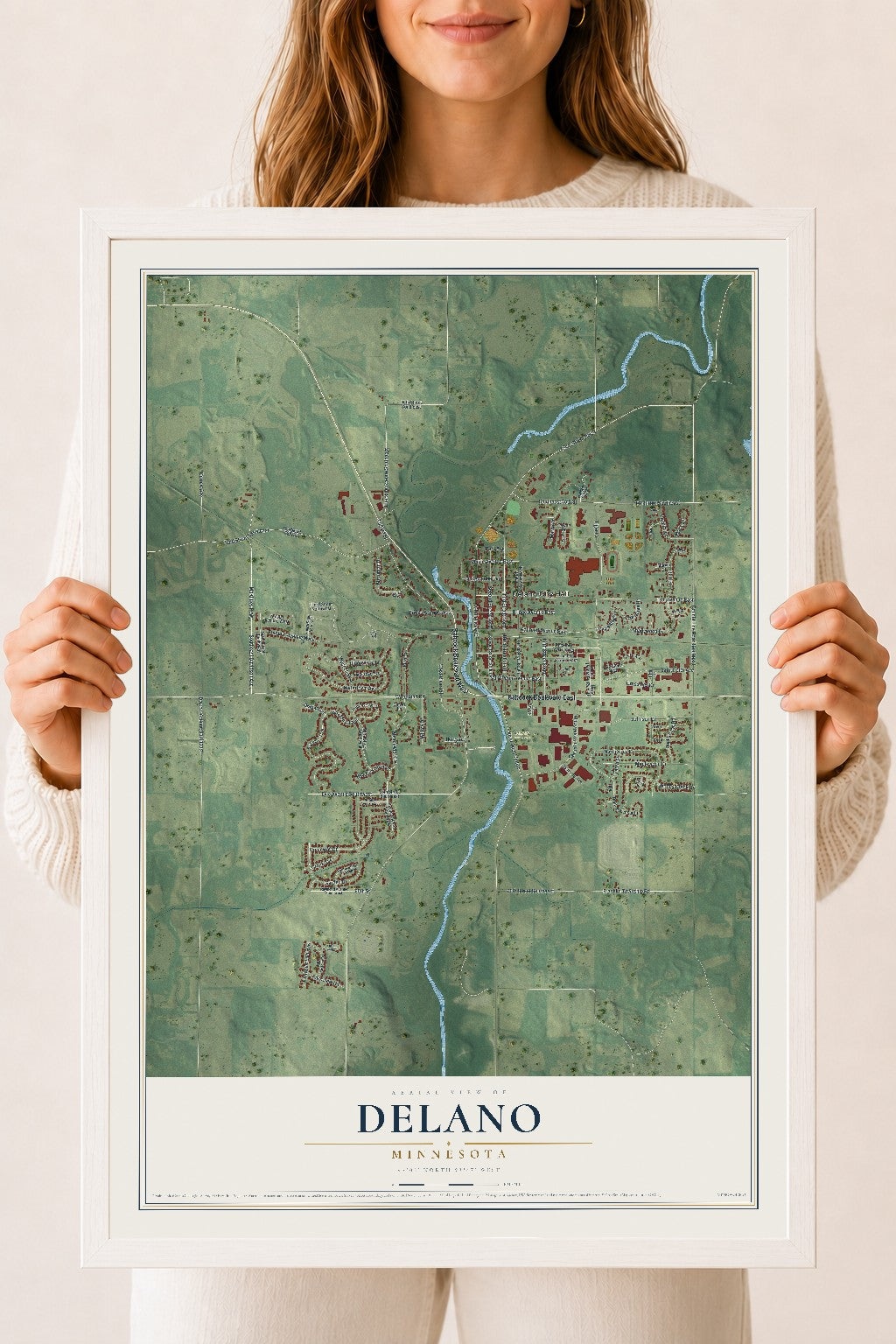 Map of Delano, Minnesota, 18 x 24 inch print in a white wood frame