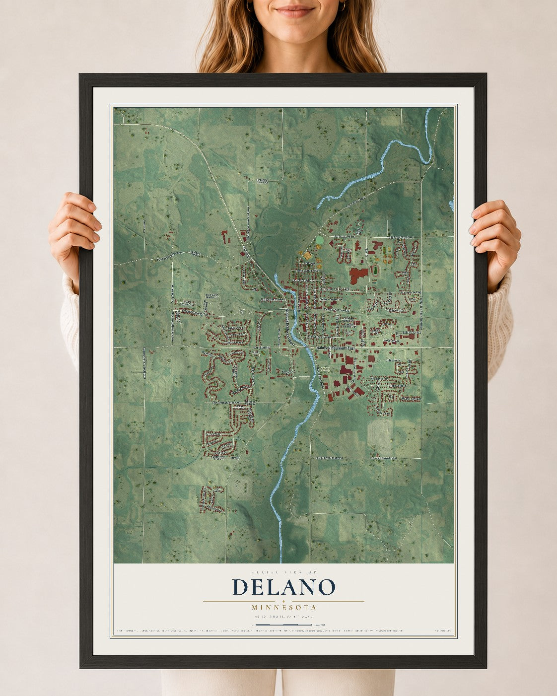 Map of Delano, Minnesota, 24 x 36 inch print in a black wood frame