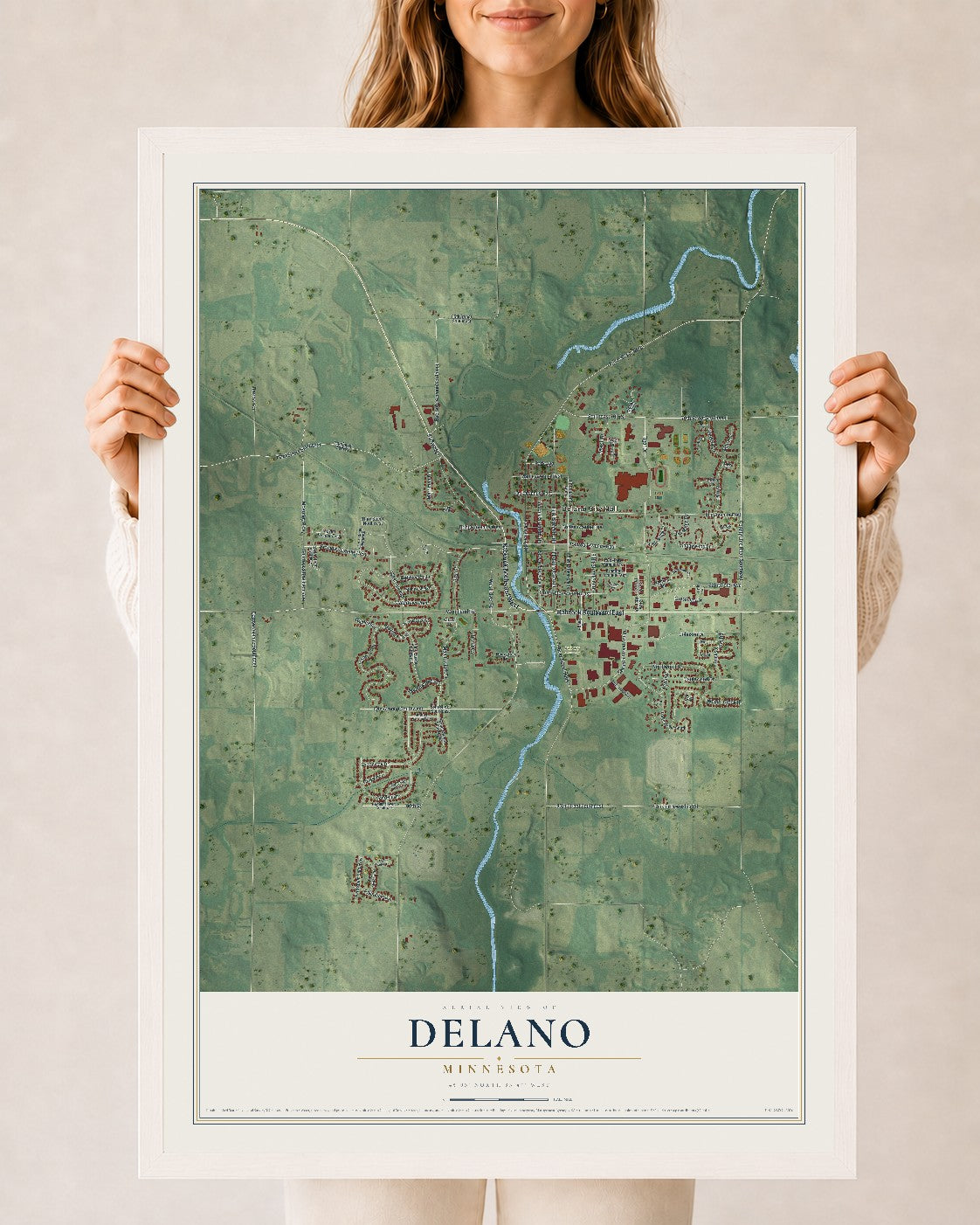 Map of Delano, Minnesota, 24 x 36 inch print in a white wood frame