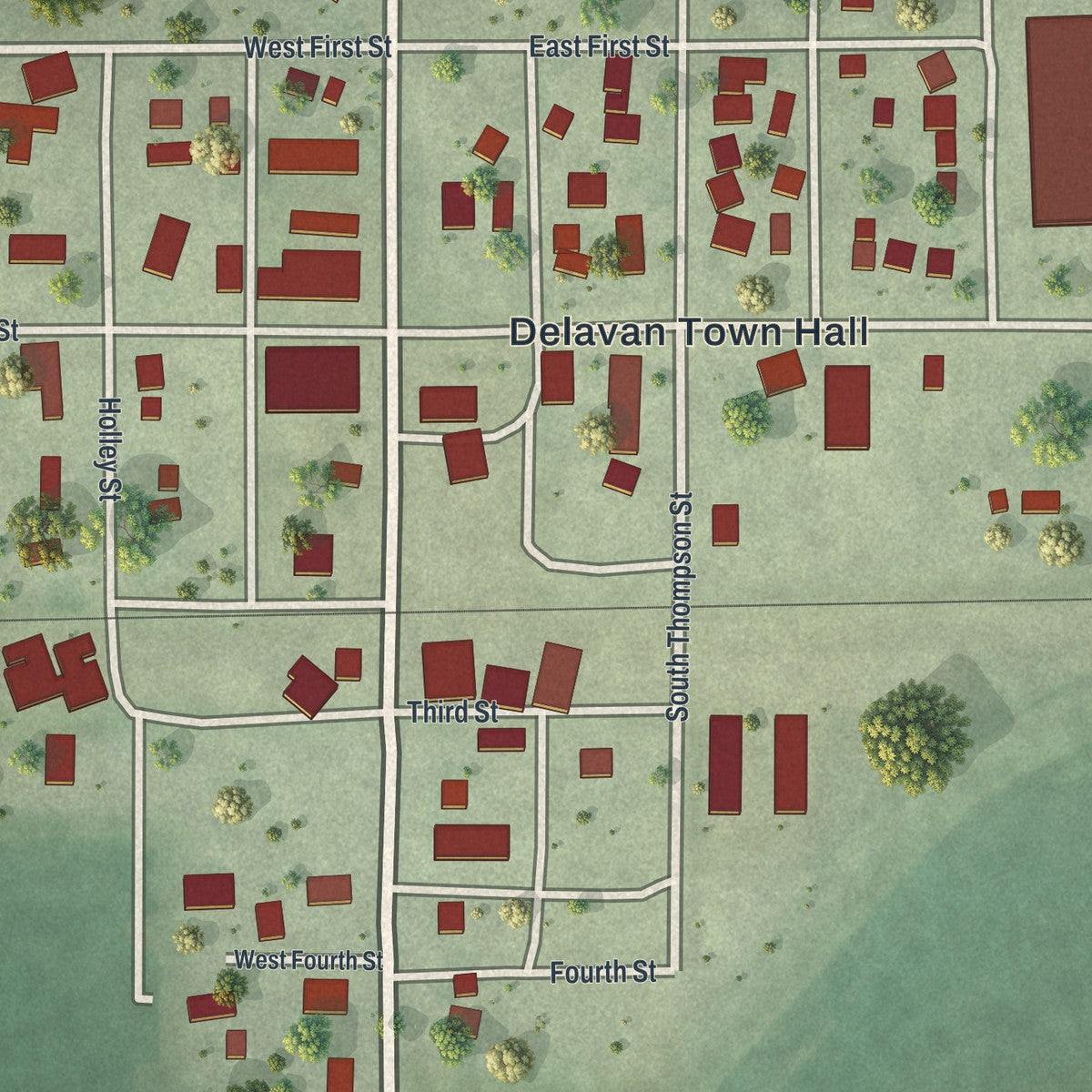 Close-up of the map of Delavan, Minnesota print showing street and building detail