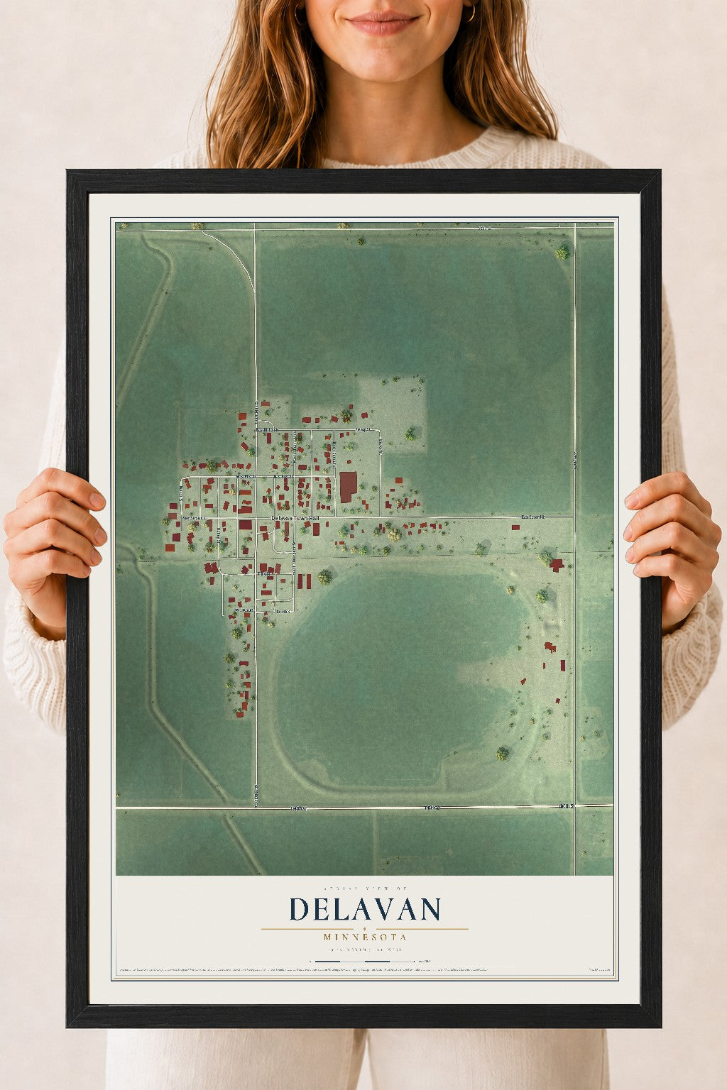 Map of Delavan, Minnesota, 18 x 24 inch print in a black wood frame