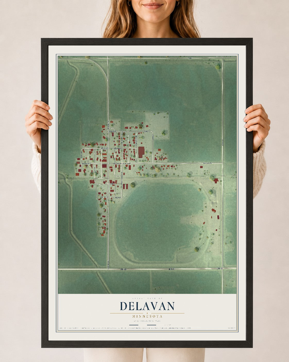Map of Delavan, Minnesota, 24 x 36 inch print in a black wood frame