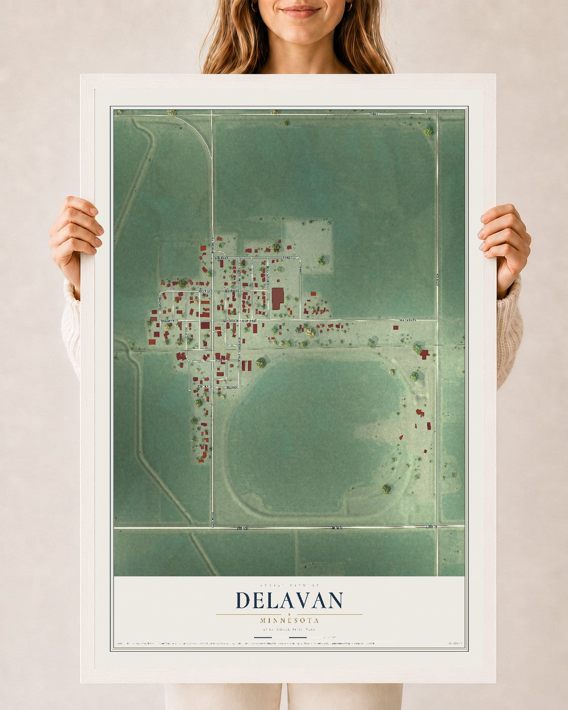 Map of Delavan, Minnesota, 24 x 36 inch print in a white wood frame