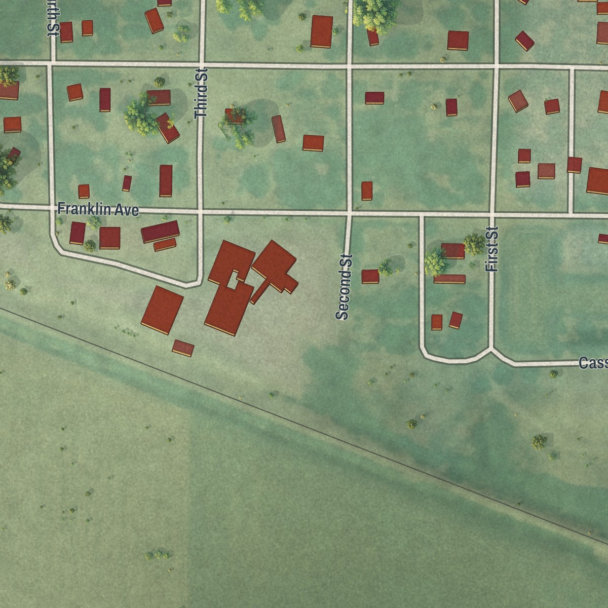 Close-up of the map of Delhi, Minnesota print showing street and building detail