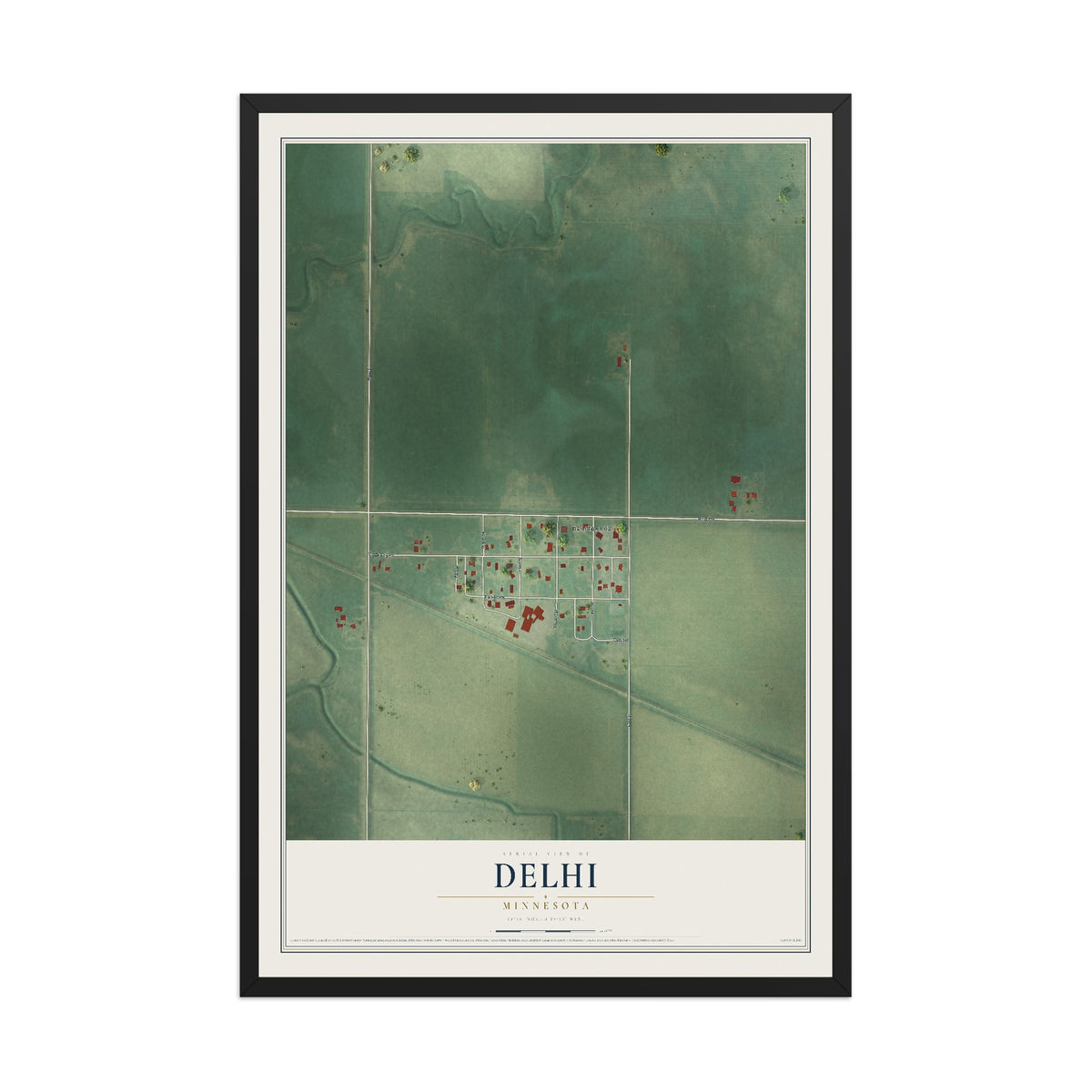 Map of Delhi, Minnesota, 12 x 18 inch print in a black wood frame