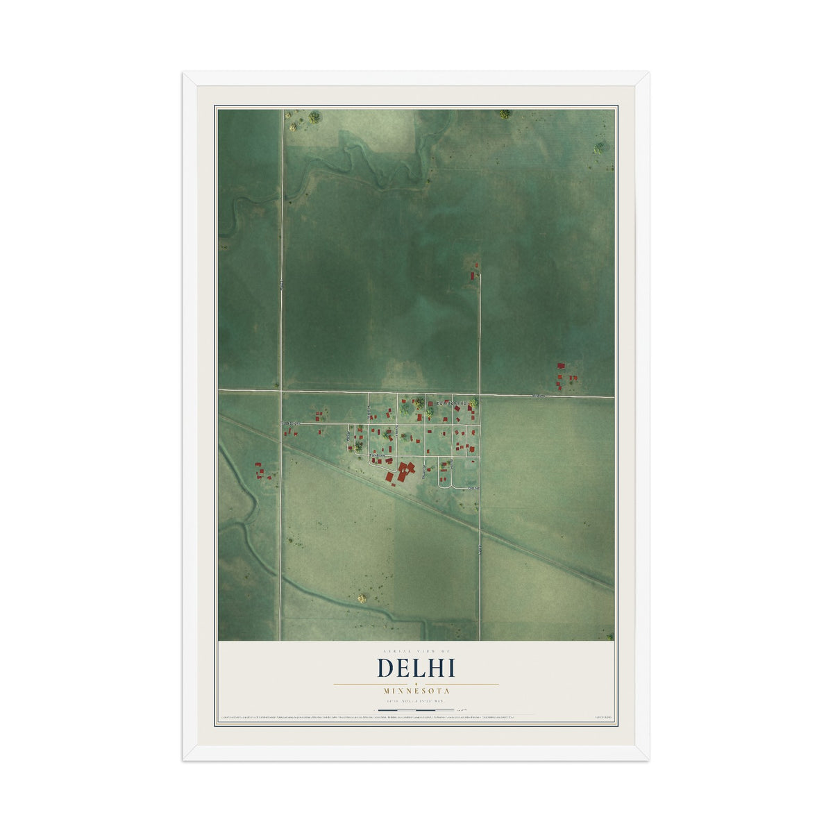 Map of Delhi, Minnesota, 12 x 18 inch print in a white wood frame