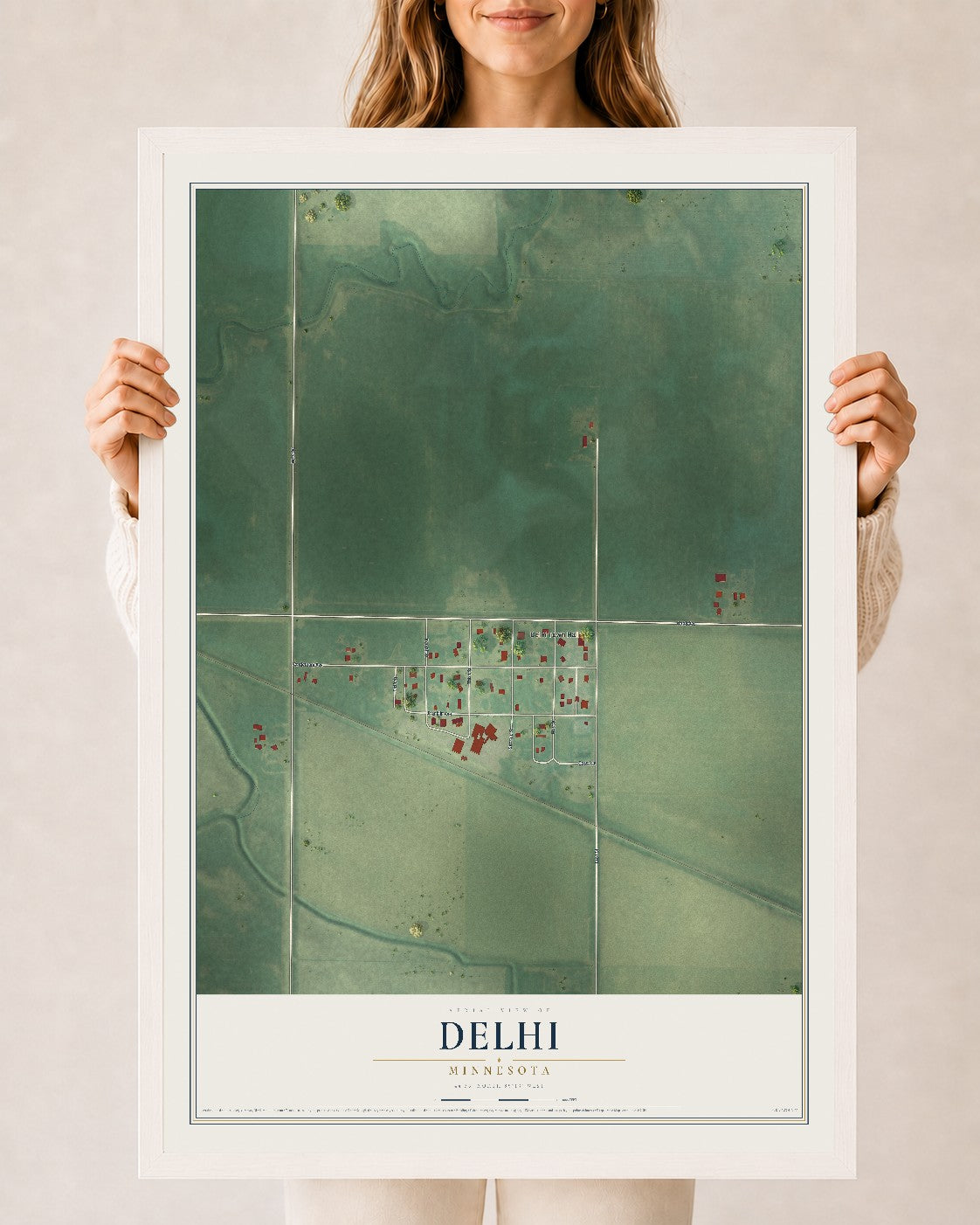 Map of Delhi, Minnesota, 24 x 36 inch print in a white wood frame