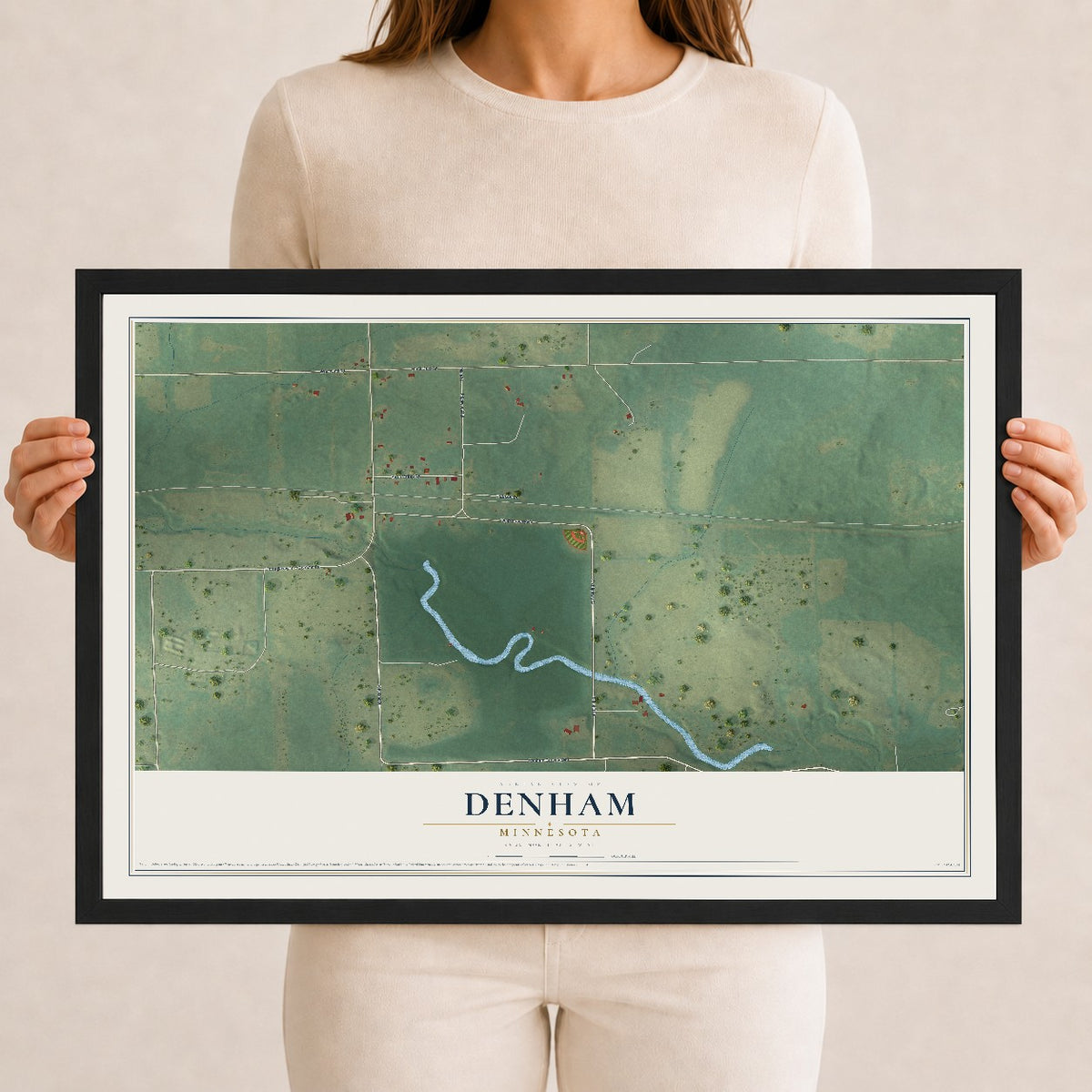 Map of Denham, Minnesota, 12 x 18 inch print in a black wood frame
