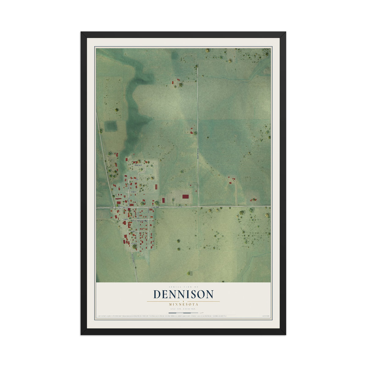 Map of Dennison, Minnesota, 12 x 18 inch print in a black wood frame