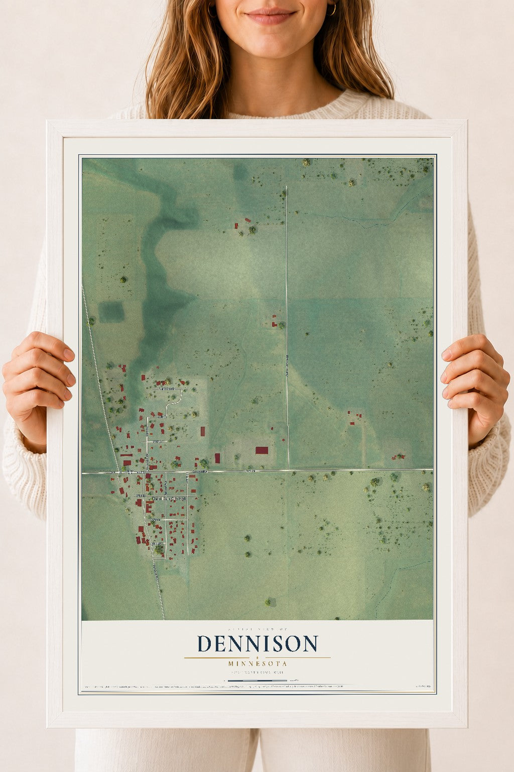Map of Dennison, Minnesota, 18 x 24 inch print in a white wood frame