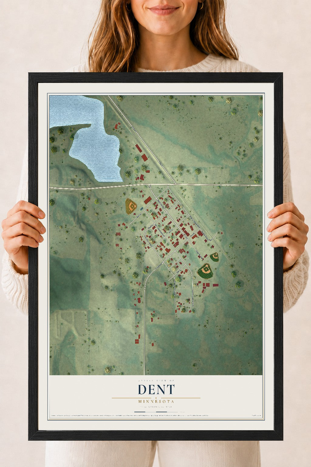 Map of Dent, Minnesota, 18 x 24 inch print in a black wood frame