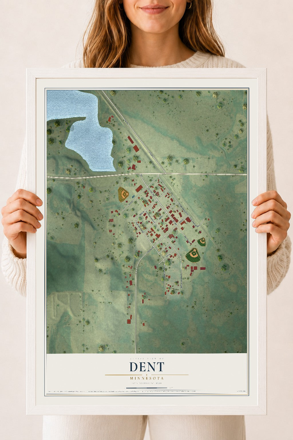 Map of Dent, Minnesota, 18 x 24 inch print in a white wood frame