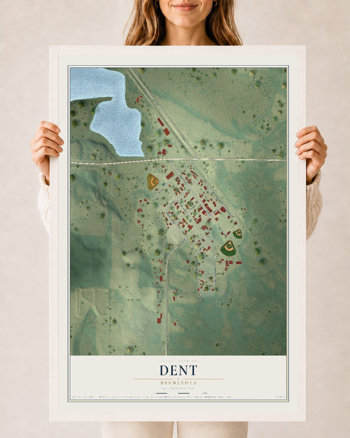 Map of Dent, Minnesota, 24 x 36 inch print in a white wood frame