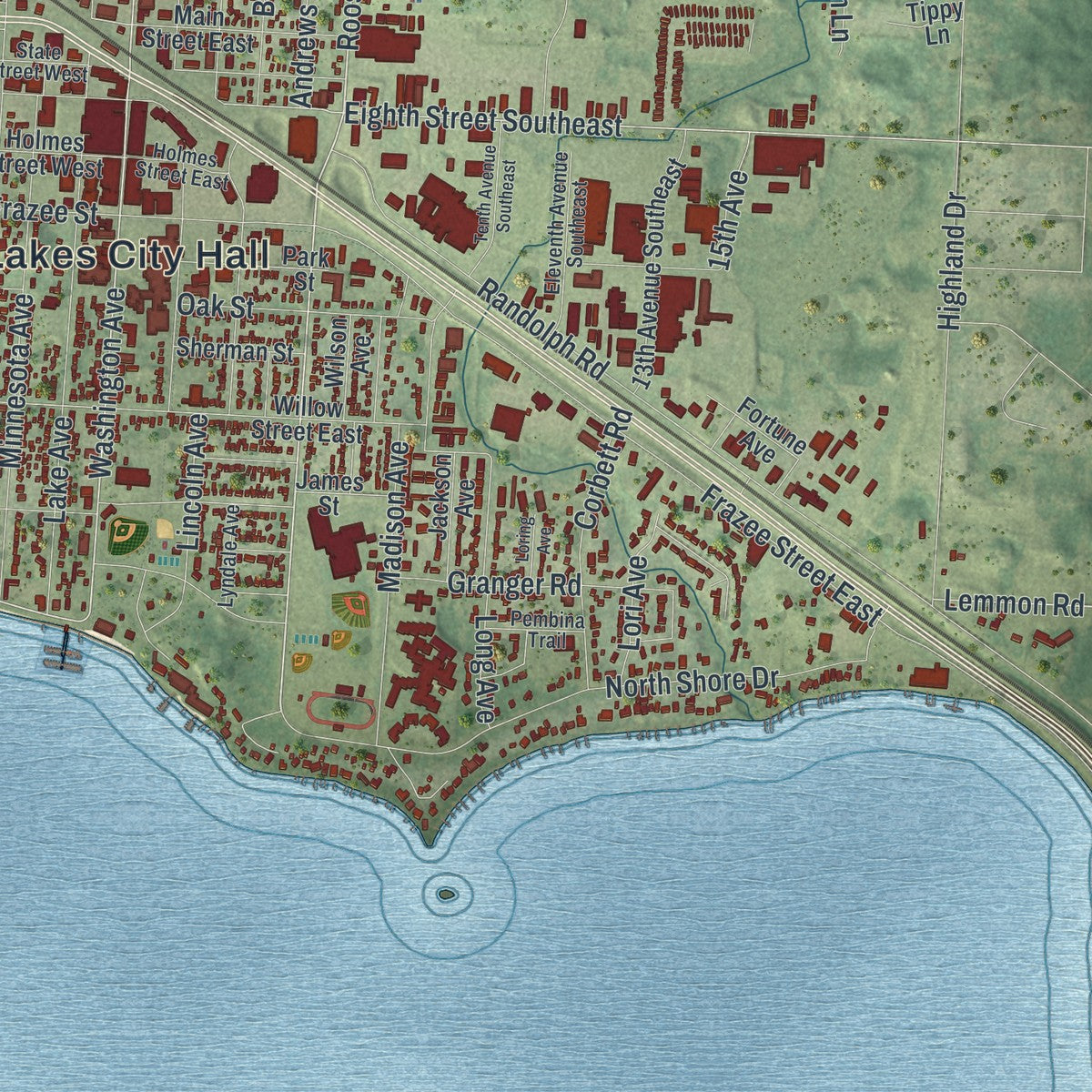 Close-up of the map of Detroit Lakes, Minnesota print showing street and building detail