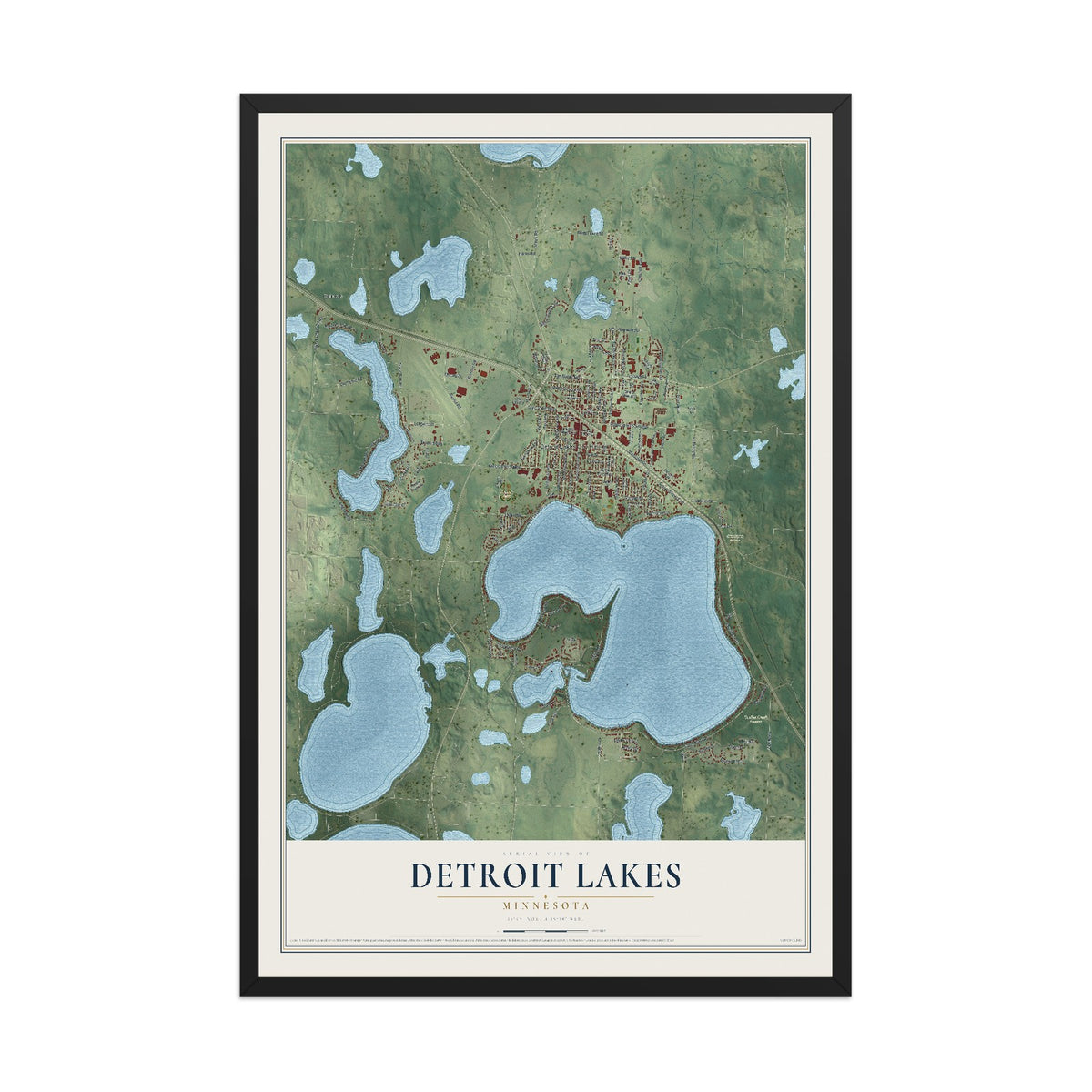 Map of Detroit Lakes, Minnesota, 12 x 18 inch print in a black wood frame