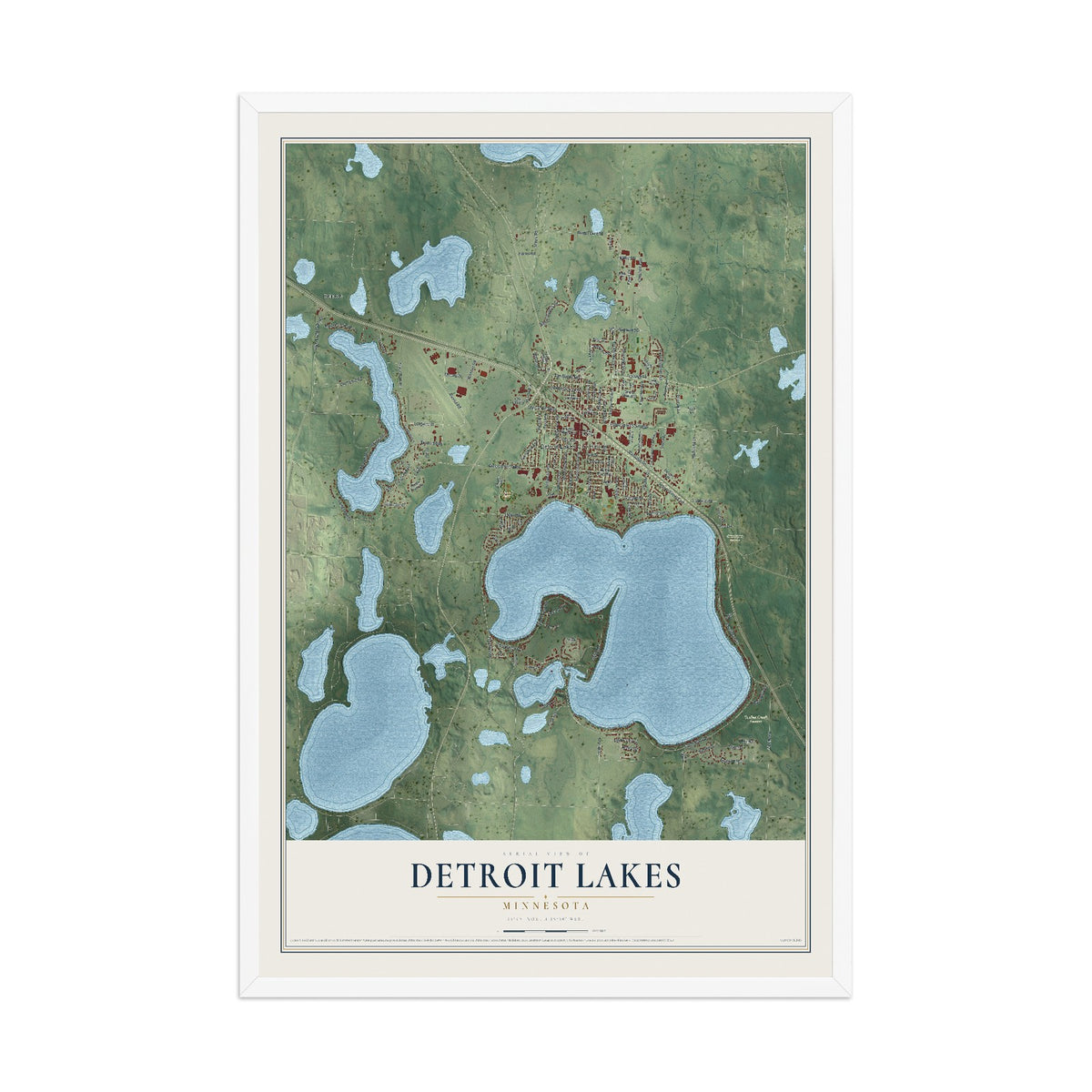 Map of Detroit Lakes, Minnesota, 12 x 18 inch print in a white wood frame