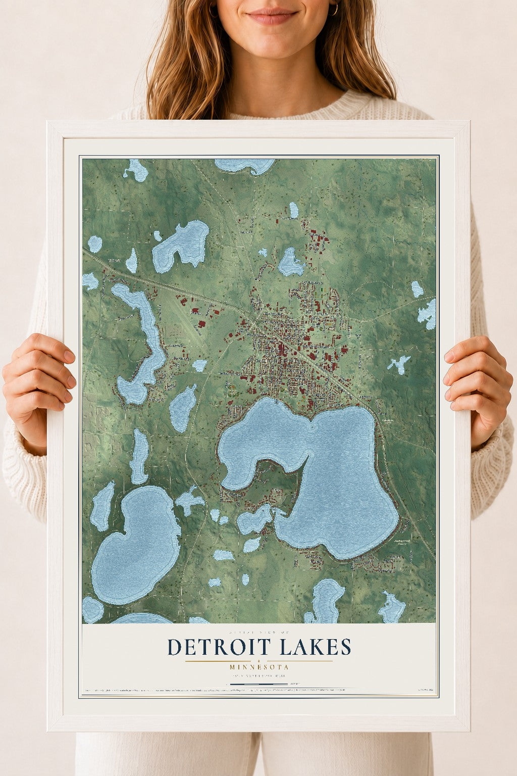 Map of Detroit Lakes, Minnesota, 18 x 24 inch print in a white wood frame