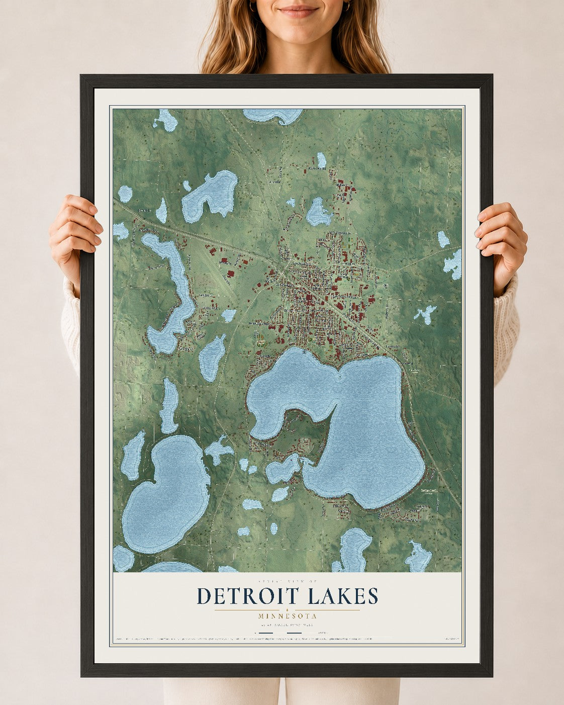 Map of Detroit Lakes, Minnesota, 24 x 36 inch print in a black wood frame