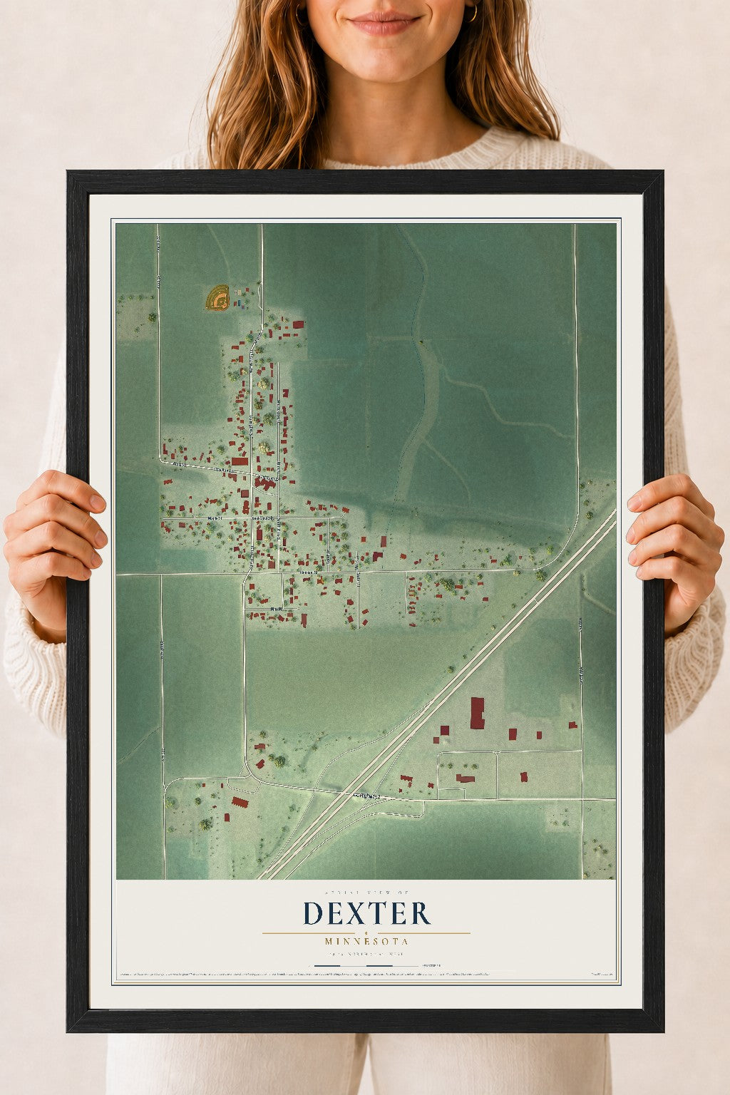 Map of Dexter, Minnesota, 18 x 24 inch print in a black wood frame