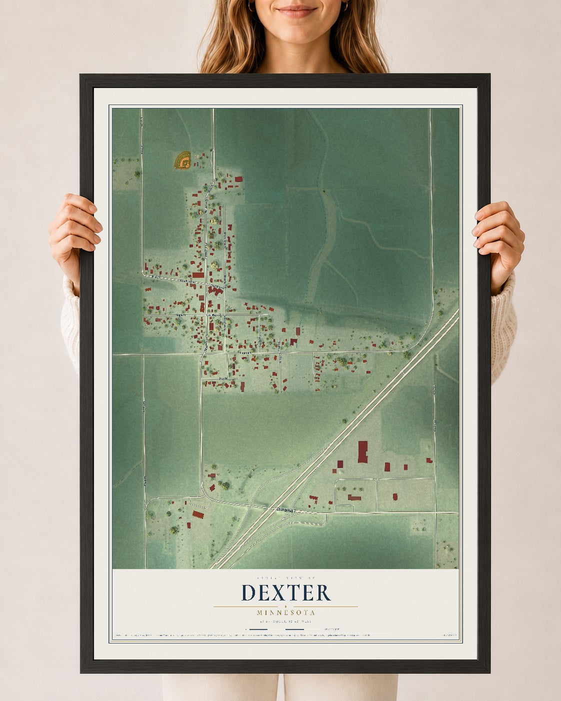 Map of Dexter, Minnesota, 24 x 36 inch print in a black wood frame