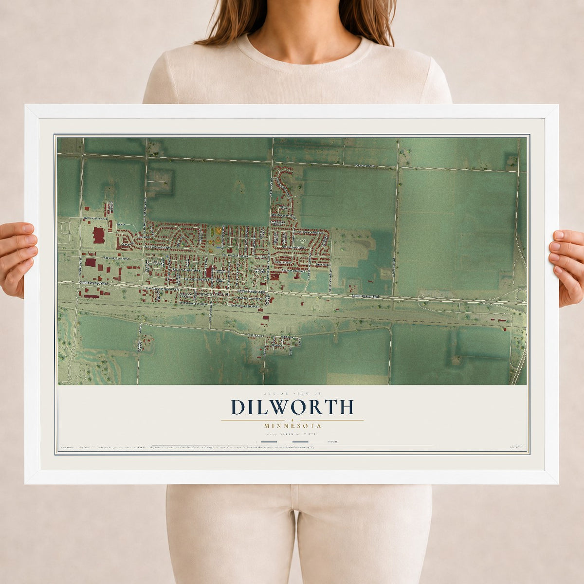 Map of Dilworth, Minnesota, 18 x 24 inch print in a white wood frame